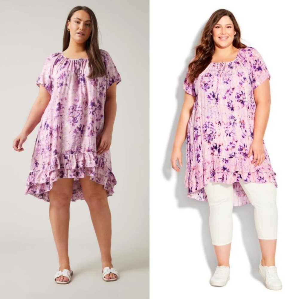 NWT City Chic EVANS Pink Tie Dye Hi Low Crinkle Crush Tunic Dress 18
